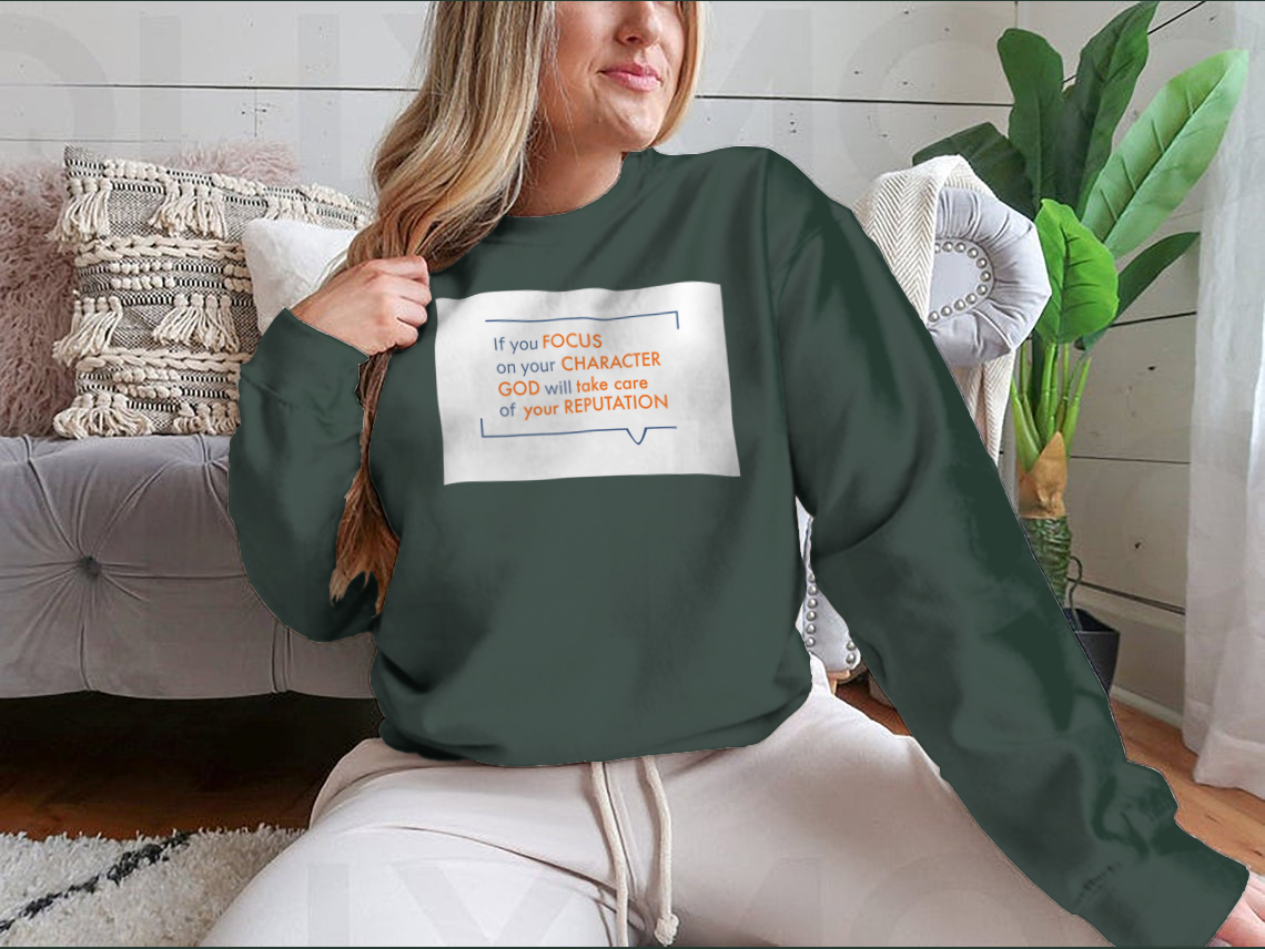 A stylish God Will Take Care Of Your Reputation T-shirt featuring a vector quote design, made from soft 100% cotton fabric.